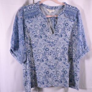 Lucky Brand Womens Large Blue Floral Puff Sheer Sleeve Tunic Boho Peasant